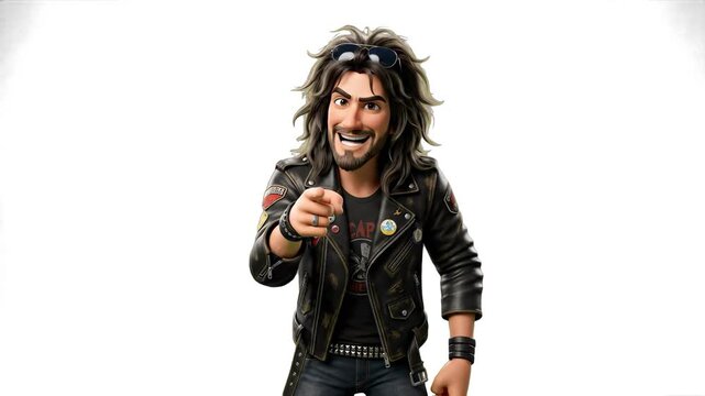 A dynamic 3D animated rocker character with long dark hair and a black leather jacket talking while pointing straight forward, isolated on a clean white background. Perfect for music production promos