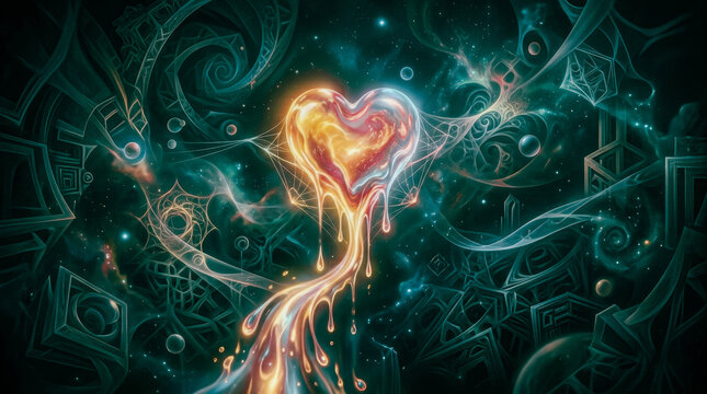Emotion Flows From a Heart of Light in a Dreamlike Void With Surreal Shapes