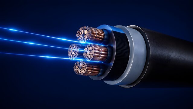 Cross section of a heavy duty electrical or fiber optic cable with glowing blue light beams representing high speed data transfer and power transmission
