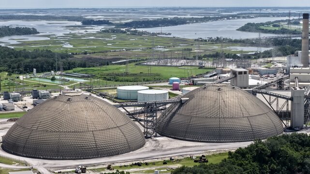 Aerial view of the JEA Northside Generating Station featuring large coal storage domes and industrial infrastructure surrounded by wetlands and greenery in Jacksonville, Florida, United States.