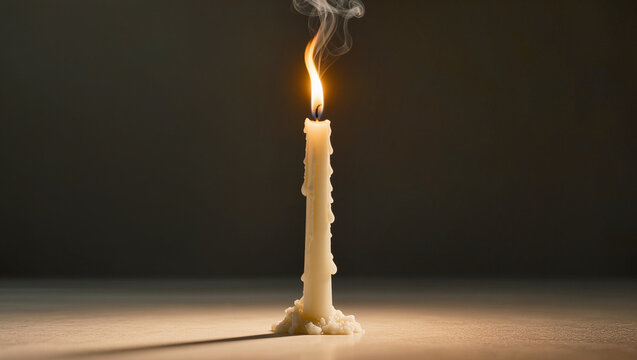 Burning Taper Candle with Flaming Wick Smoke Swirls and Dripping Wax Against Dark Background
