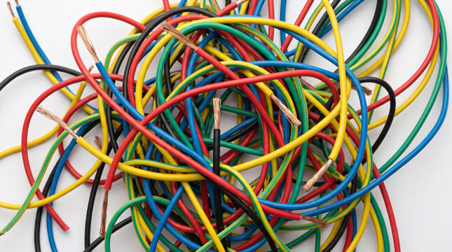 Colorful electrical wire bundle with exposed copper ends on white background, creating tangled industrial wiring pattern