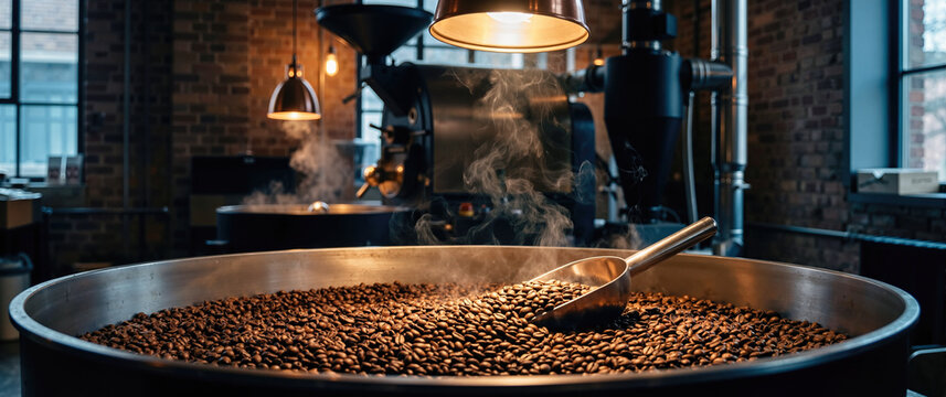 Freshly roasted coffee beans steaming in a metal cooling tray. Industrial coffee roaster machine and copper lamps in a rustic facility