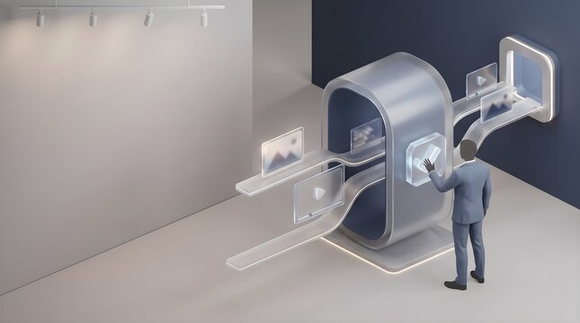3D isometric illustration of minimalist businessman avatar interacting with transparent digital workflow interface, media content moderation and approval concept, copy space