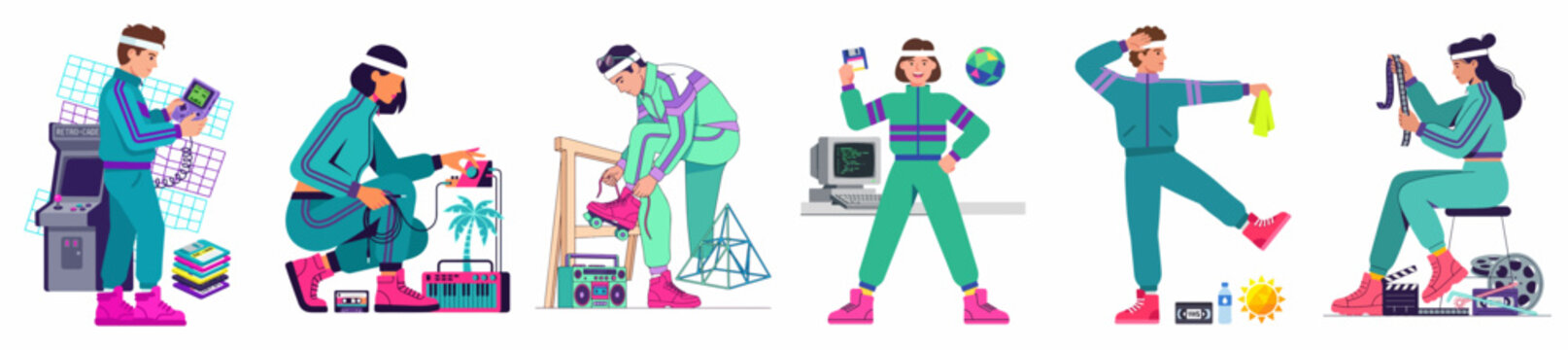 Flat vector illustration set of people in retro 80s tracksuits using vintage technology, playing video games, and exercising with a vaporwave aesthetic.