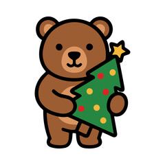 Fototapeta premium Cartoon Bear Holding A Christmas Tree With A Star On Top
