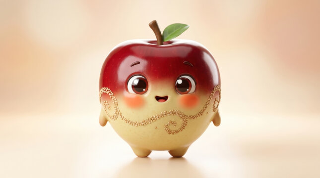 Adorable red apple character with sesame seed swirls as healthy snack icon for nutrition education or lifestyle marketing campaigns.