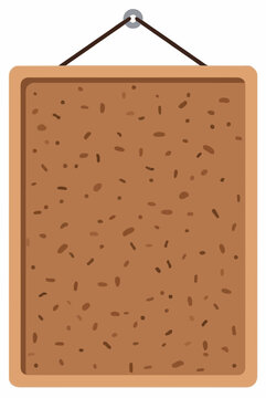 Hand-drawn vector illustration of a corkboard notice board hanging from a metal nail with string, featuring a brown textured pin board surface with scattered pin marks and dots, perfect for office