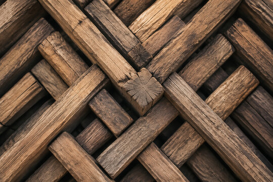 Geometric pattern of interlocking rough wooden beams forming a tight structure, top-down view.