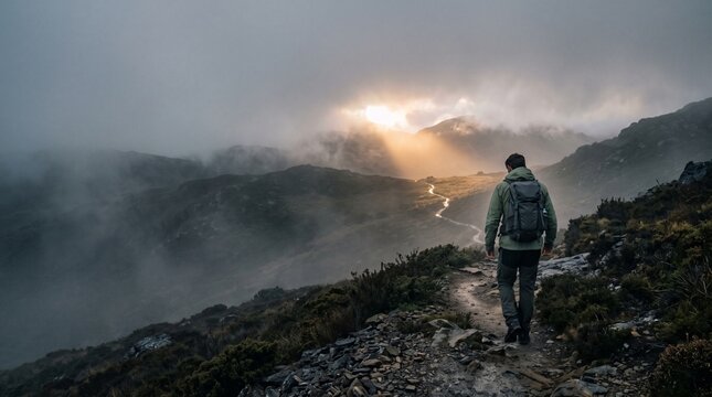 Person walking toward sunlight on a mountain trail in the fog, mental health concept