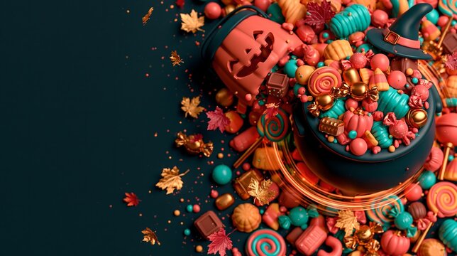 3D Halloween scene with red jackolantern bucket overflowing candies, chocolates, witch hat, maple leaves on dark teal backdrop with golden bokeh confetti