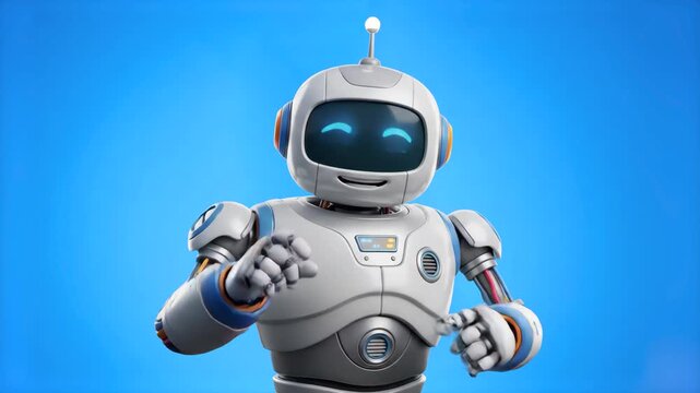 A sleek 3D white robot character with smiling blue LED eyes speaking and gesturing enthusiastically, set against a solid blue studio backdrop. Designed for artificial intelligence software demos, tech