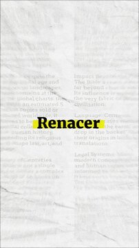 Renacer text - on yellow banner over vintage minimalist white newspaper background