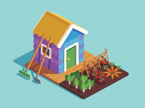 Isometric House with Garden Vegetables Illustration