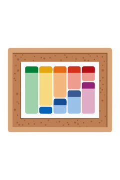 Hand-traced vector icon illustration of a colorful priority matrix chart displayed on a cork board, showcasing organized task columns in vibrant hues