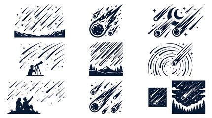 Meteor shower, falling stars, and comet observation icons. © tofan