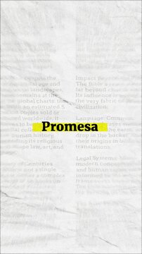 Promesa text - on yellow banner over vintage minimalist white newspaper background