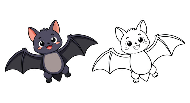 Cute bat cartoon character and black line outline coloring page set, little flying mammal illustration isolated on white background for kids Halloween education book.