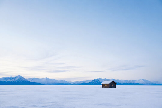 Small wooden cabin with lit window in snowy plain, winter solitude and isolation