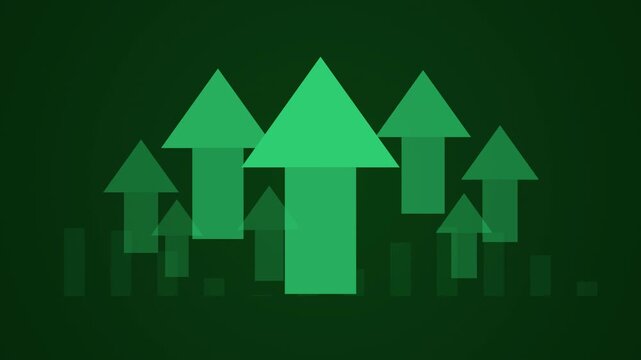 Large Green Arrow Rising Above Small Bar Chart