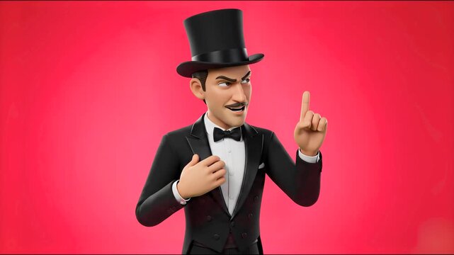 A sophisticated 3D gentleman character in a tuxedo suit and top hat talking and raising his index finger to explain a point isolated on a vibrant pink background. Great for luxury promos, magic show t