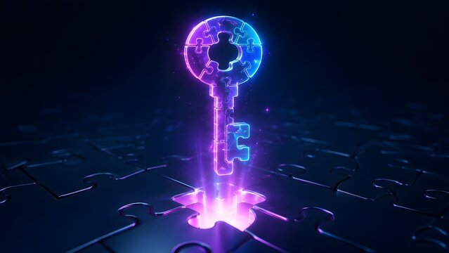 Glowing digital neon key standing upright on a dark jigsaw puzzle board representing cyber access and innovation.