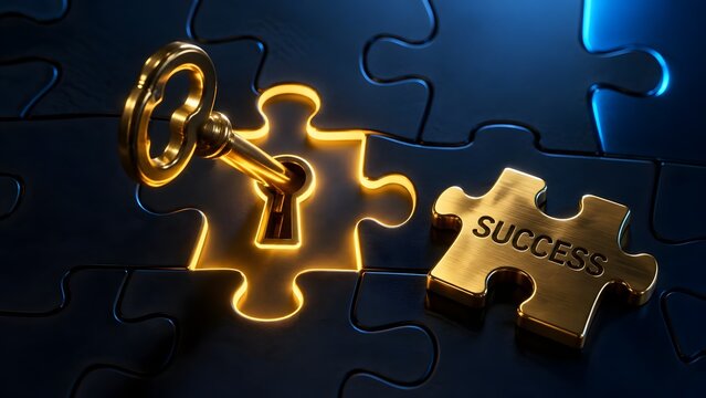 Golden key unlocking a glowing puzzle piece with the word success representing business achievement and solutions.
