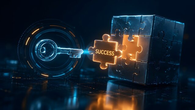 Holographic digital key unlocking a high tech puzzle cube with a glowing success piece illustrating technological solutions.