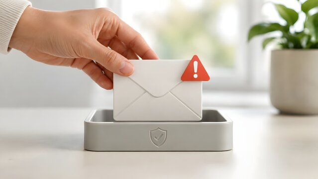 Hand reaching for a physical white envelope with a red alert triangle sitting on a secure shielded base.