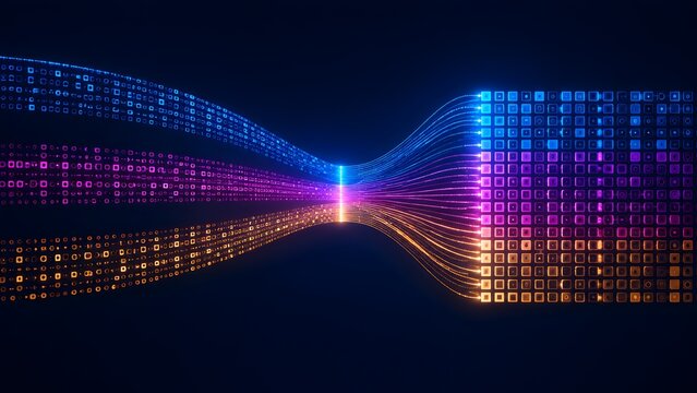Digital data flow transferring information into block matrix network symbolizing high speed internet connectivity and binary processing