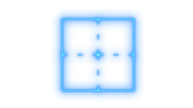 Glowing neon camera viewfinder focus icon isolated on transparent background. Target crosshair sign. Square focus frame. Capture pointer UI element.