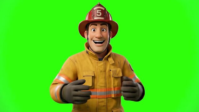 A cheerful 3D firefighter character in yellow uniform and helmet talking and explaining fire safety rules, isolated on a solid green chroma key background. Suitable for public safety promos, fire prev