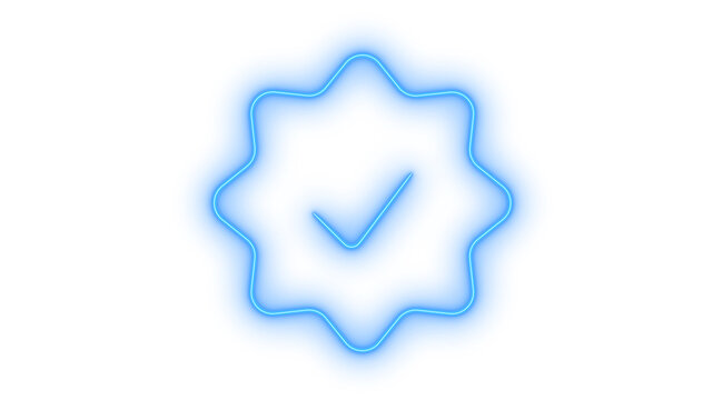 Glowing neon verified checkmark badge icon isolated on transparent background. Approved symbol. Quality guarantee seal. Success tick mark. Security sign