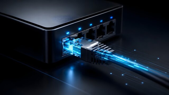 Macro close up of glowing ethernet cable plugged into network switch router illustrating high speed internet connection and fast digital data transfer.