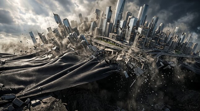 Cityscape Disaster: A metropolitan skyline buckles and crumbles under the immense force of a colossal wave, showcasing destruction and chaos in a dramatic urban catastrophe.