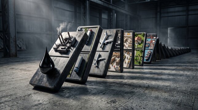 Domino Effect: A series of dominoes, each adorned with a different industry or technology, stand poised to topple, symbolizing the interconnectedness and chain reactions within the modern world.