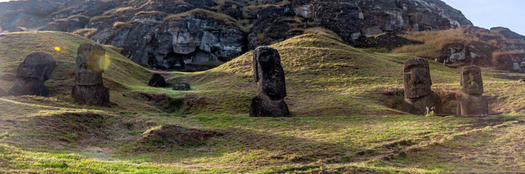 Moai Statues at Rano Raraku Quarry on the Volcanic Slopes of Easter Island, Rapa Nui, Chile