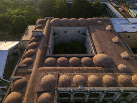 Aerial view of the historic domed roof and central courtyard of the Santo Domingo de Guzman church in Oaxaca, Oaxaca, Mexico.