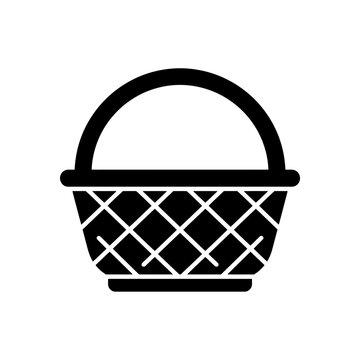 Black woven picnic basket icon with handle flat vector graphic for retail design