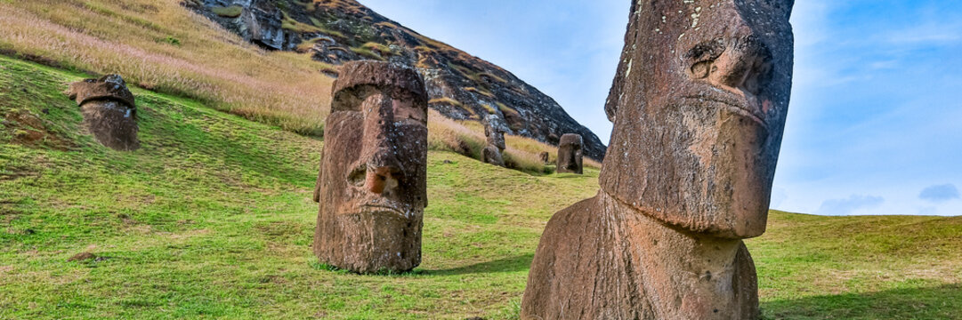 Moai Statues at Rano Raraku Quarry on the Volcanic Slopes of Easter Island, Rapa Nui, Chile