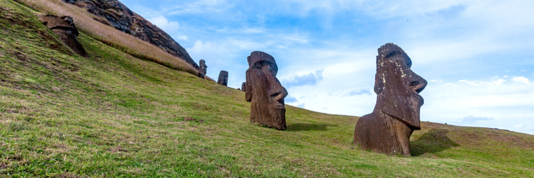 Moai Statues at Rano Raraku Quarry on the Volcanic Slopes of Easter Island, Rapa Nui, Chile