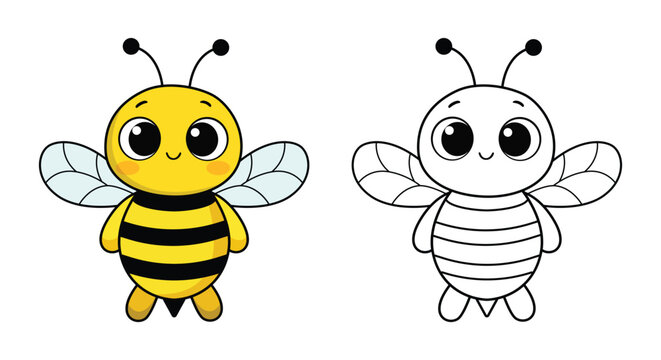 Cute bee cartoon character and black line outline coloring page set, little honeybee illustration isolated on white background for kids education book.