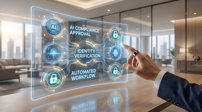 Automated workflow interface featuring artificial intelligence compliance approval and biometric identity verification on transparent screen