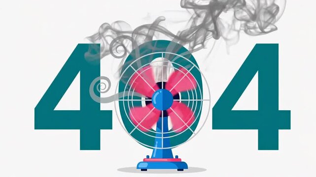 Graphic illustration of a 404 page not found error with a smoking broken desk fan