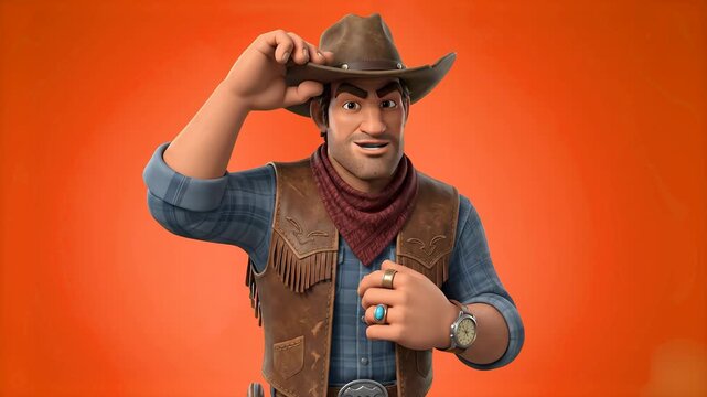 A 3D cartoon cowboy character wearing a leather hat talking and tipping his hat in greeting isolated on a bright orange background. Ideal for Wild West themed videos, western gaming ads, storytelling 
