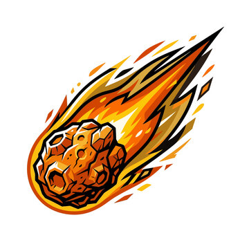 Stylized meteor asteroid illustration with flaming tail isolated on white background