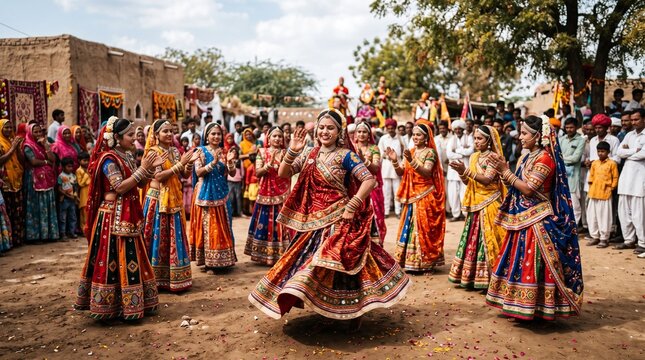 Traditional Rajasthani folk dancers performing in a vibrant village festival celebration.