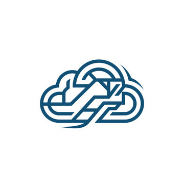 Blue cloud logo with house and data lines.