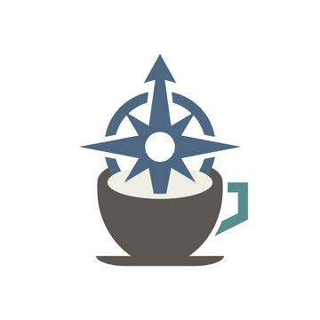 Minimalist Coffee Cup and Navigation Compass Star Logo Design Illustration