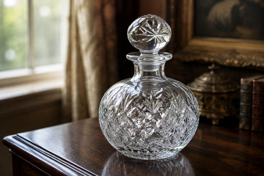 A classical cut-glass decanter resting on a dark wood surface, softly lit by window light.